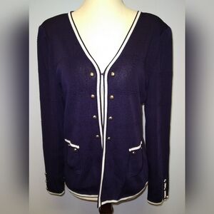 Ming Wang Navy & White  Jacket Cardigan W/ Shoulder Pads & Bronze Hardware~Sz S